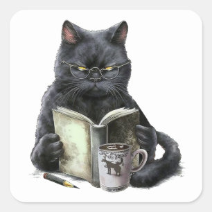 Pegatina Cuadrada Amante de libros gato negro Gusano de libros Café 