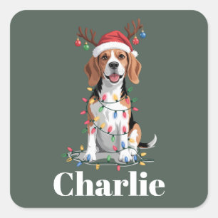 Pegatina Cuadrada Amante de perro Beagle de Navidad nombre personali