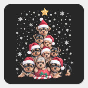 Pegatina Cuadrada Amante de Perros Yorkie de Navidad Árbol Xmas Masc