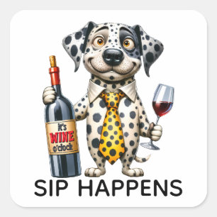 Pegatina Cuadrada Amante del vino dálmata Cachorro adorable Perro Se