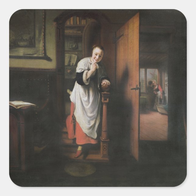 Pegatina Cuadrada Amantes con una mujer escuchando (Anverso)