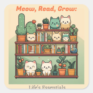 Pegatina Cuadrada Amantes de gatos y amantes de libros y plantas