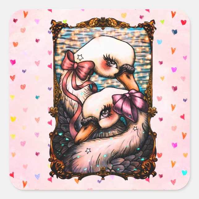 Pegatina Cuadrada Amantes de los cisnes (Anverso)