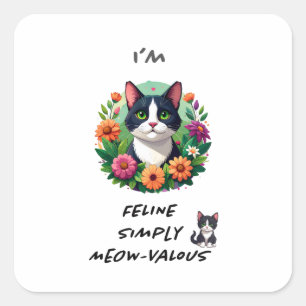 Pegatina Cuadrada Amantes de los gatos floral Gato esmoquin
