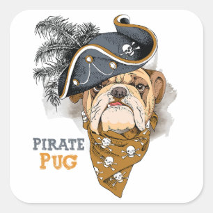 Pegatina Cuadrada Amantes del perro lindo Gorra del pirata de pug