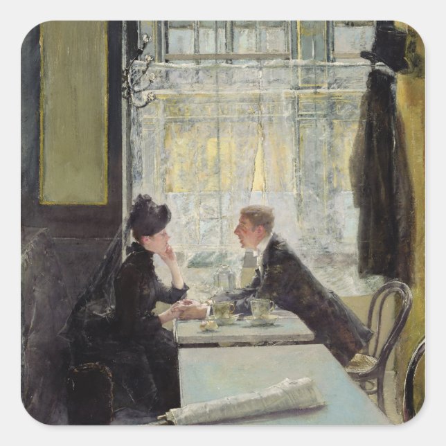 Pegatina Cuadrada Amantes en un café (Anverso)
