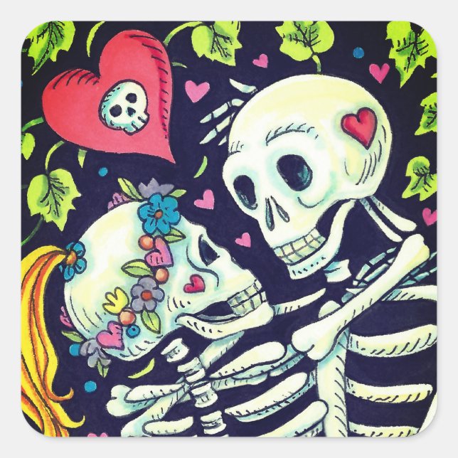 PEGATINA CUADRADA AMANTES ENTRE LA MARCHA, EMBARAZO DE ESQUELETAS DE (Anverso)