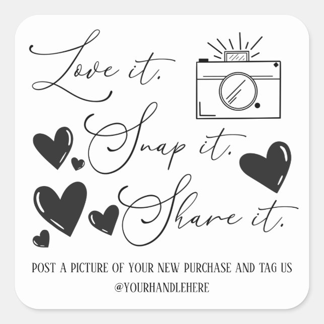 Pegatina Cuadrada Amar Snap Share Camera Hearts Script Etsy Business (Anverso)