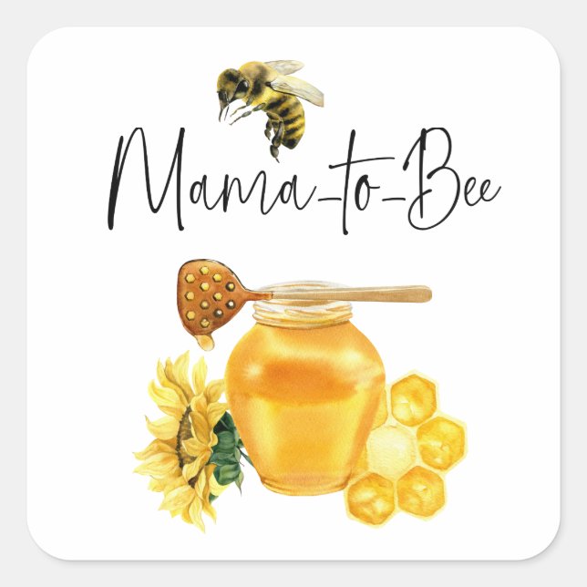 Pegatina Cuadrada Amarillo Acuarela Sunflower Bee Baby Shower (Anverso)