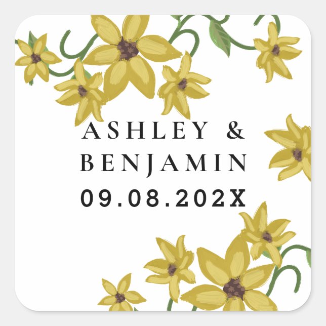 Pegatina Cuadrada Amarillo Girasol Floral Botánico Dibujado a Mano a (Anverso)