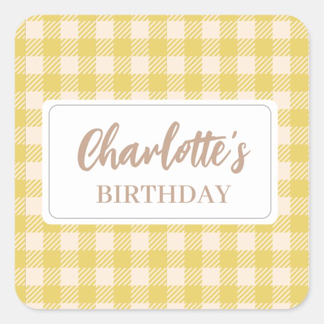 Pegatina Cuadrada amarillo granja Vichy preppy gingham cuadros (Anverso)