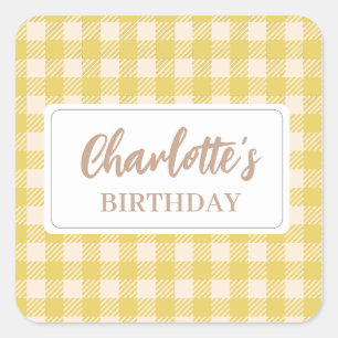 Pegatina Cuadrada amarillo preppy cuadros gingham cuadros a cuadros 