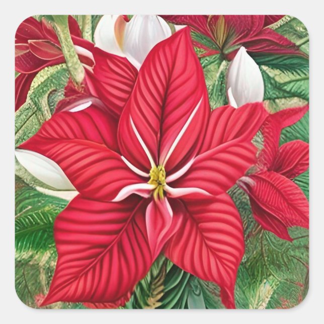 Pegatina Cuadrada Amaryllis Poinsettia Hybrid AI Art (Anverso)