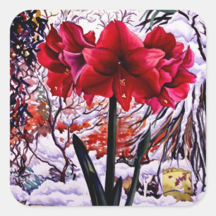 Pegatina Cuadrada Amaryllis por la ventana de la nieve