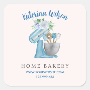 Pegatina Cuadrada Amasadora de Flores Azules Home Bakery