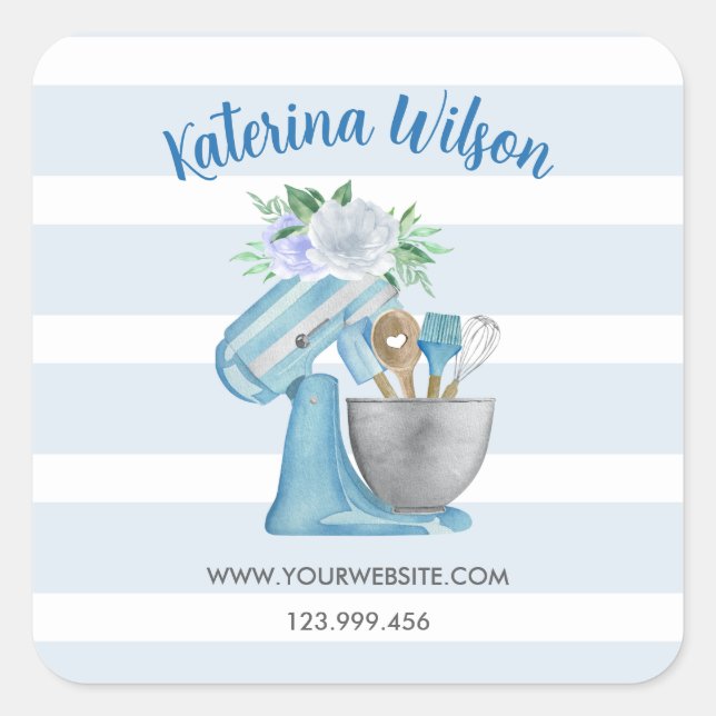 Pegatina Cuadrada Amasadora de flores azules para panadería casera (Anverso)
