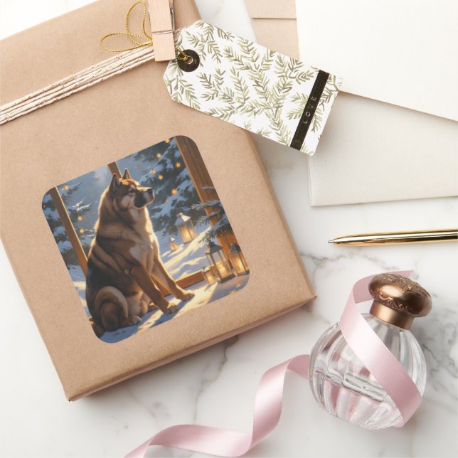 Pegatina Cuadrada American Akita With Christmas Lights Holiday (Regalar)