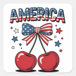 Pegatina Cuadrada American Coquette Bow Cherry Aesthetic USA Flag