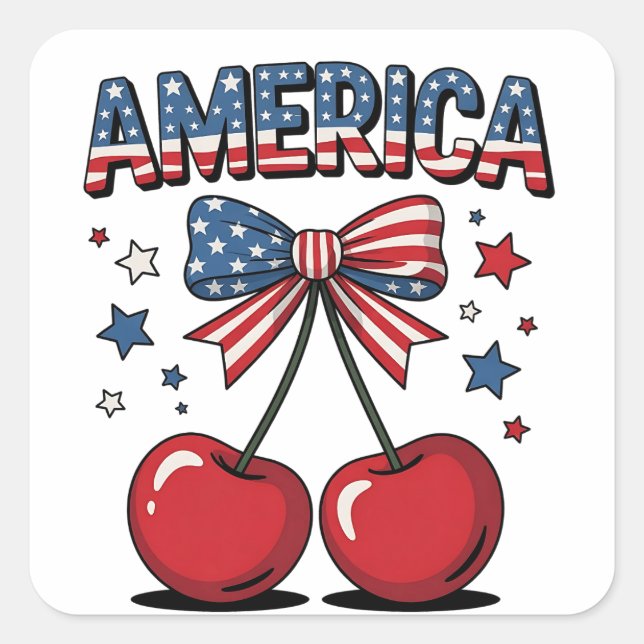 Pegatina Cuadrada American Coquette Bow Cherry Aesthetic USA Flag (Anverso)