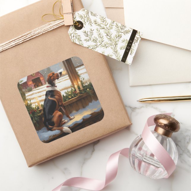 Pegatina Cuadrada American English Foxhound Christmas Lights Holiday (Regalar)