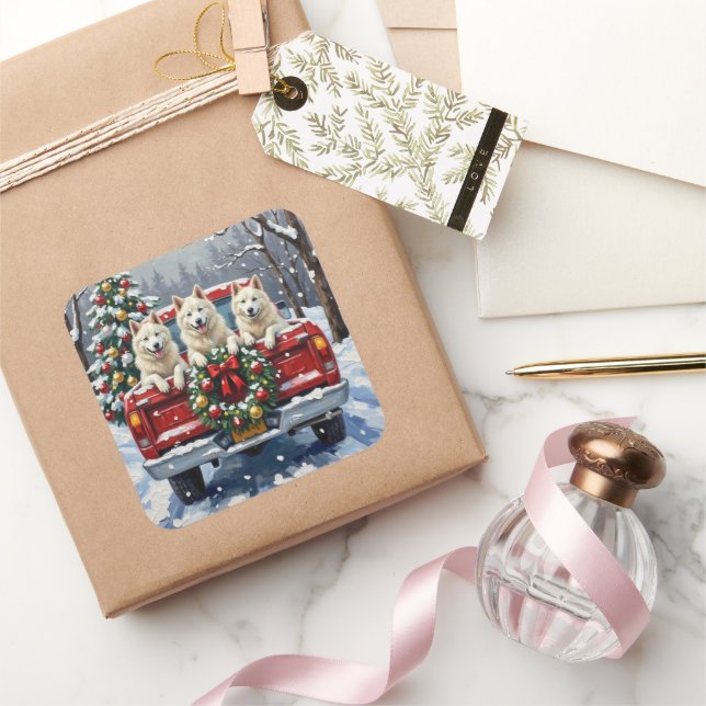 Pegatina Cuadrada American Eskimo Dog Christmas Red Truck Holiday (Regalar)