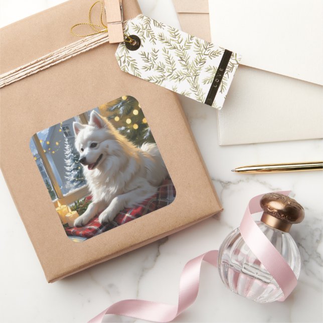 Pegatina Cuadrada American Eskimo With Christmas Lights Holiday (Regalar)