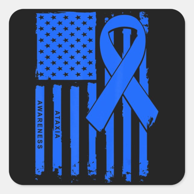 Pegatina Cuadrada American Flag Blue Ribbon Ataxia Awareness T-Shirt (Anverso)