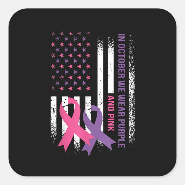 Pegatina Cuadrada American Flag Breast Cancer and Domestic Violence (Anverso)