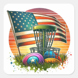 Pegatina Cuadrada American Flag Disk Golf Vintage Sun