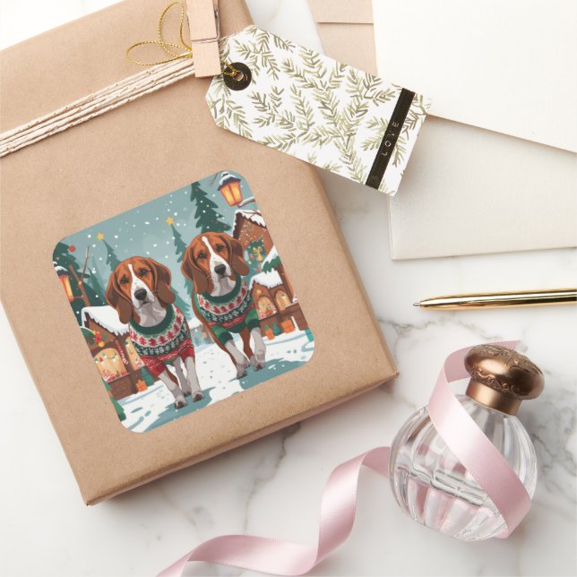 Pegatina Cuadrada American Foxhound Dogs Christmas Snow Holiday (Regalar)