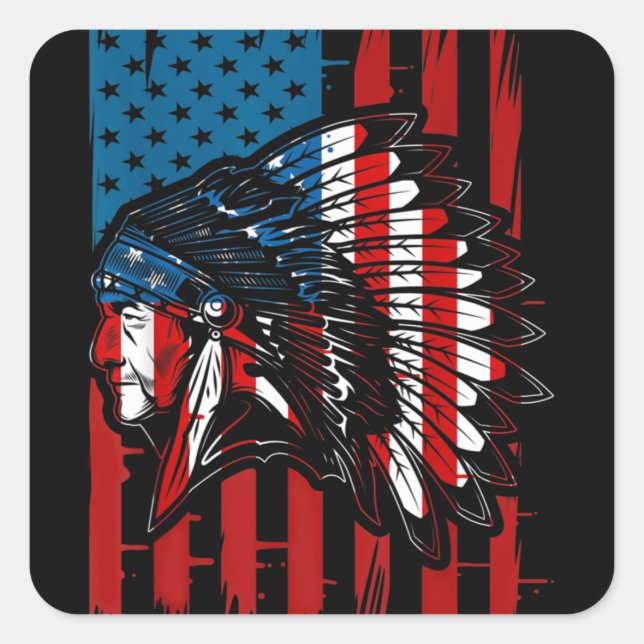 Pegatina Cuadrada American Indian Roots US Flag Indigenous Native Am (Anverso)