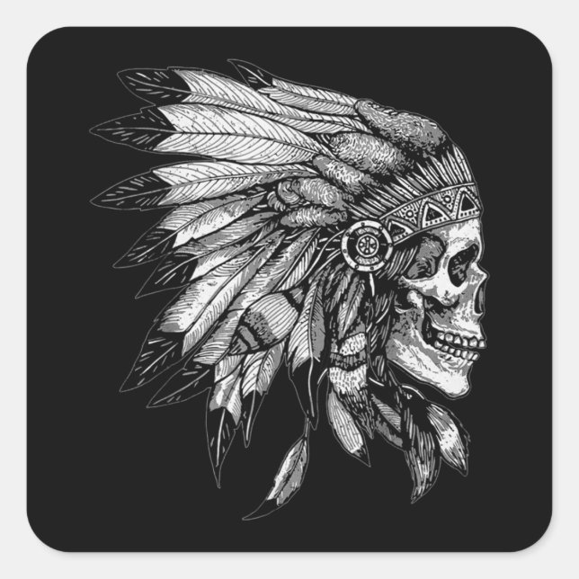 Pegatina Cuadrada American Motorcycle Skull Native Indian Eagle Chie (Anverso)
