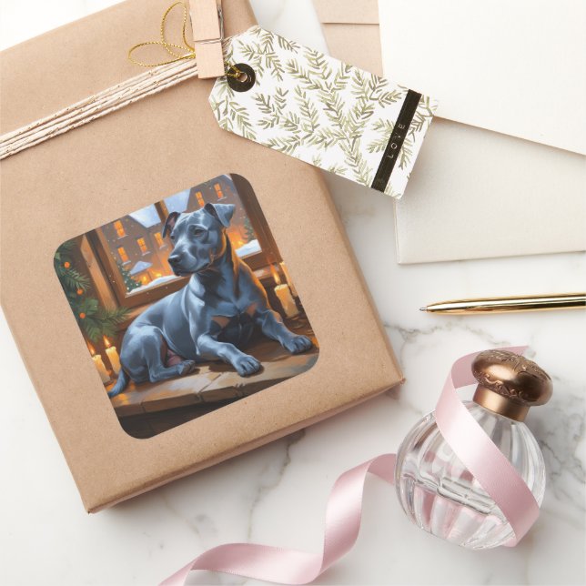 Pegatina Cuadrada American Staffordshire Christmas Lights Holiday (Regalar)