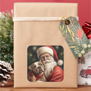 Pegatina Cuadrada American Staffordshire con Santa Claus Navidad