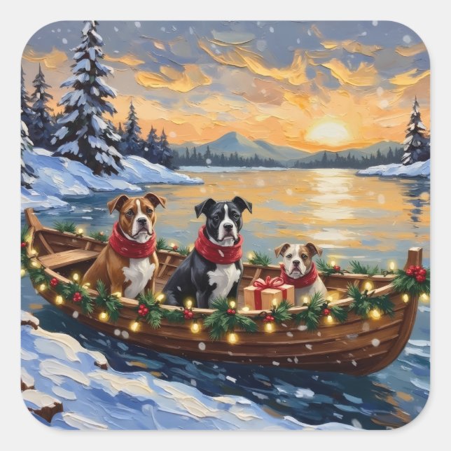 Pegatina Cuadrada American Staffordshire Terrier Christmas Boat (Anverso)
