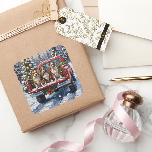 Pegatina Cuadrada American Staffordshire Terrier Christmas Red Truck (Regalar)