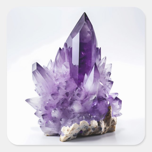 Pegatina Cuadrada Amethyst Crystal Cluster Purple Gem Gemstone (Anverso)