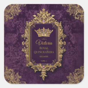 Pegatina Cuadrada Ametista Real Quinceañera, personalizado
