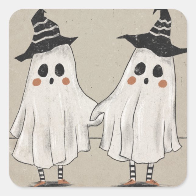 Pegatina Cuadrada Amigables Ghost Twins de Halloween (Anverso)