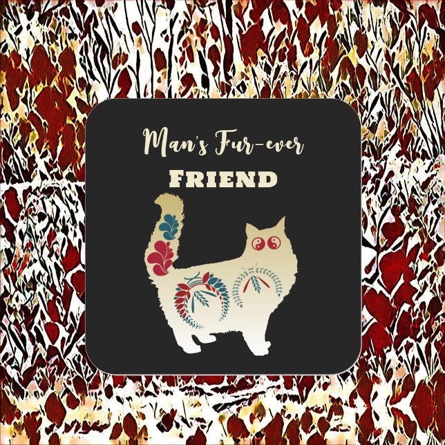 Pegatina Cuadrada Amigo Eterno del Hombre Gato Dorado Arte Folclóric (Mans Forever Friend Gold Cat Folk Art Decorative Square Sticker)