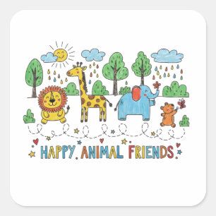 Pegatina Cuadrada Amigos Animales Felices