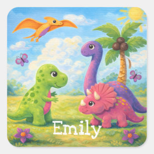 Pegatina Cuadrada Amigos de dinosaurios para niñas y niños lindos y