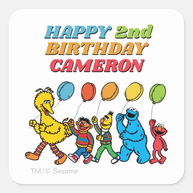 Pegatina Cuadrada Amigos de Sesame Street | Globos de Cumpleaños (Anverso)