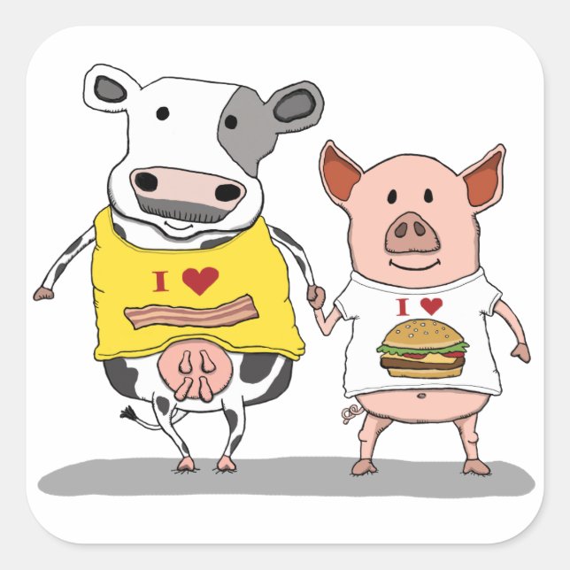 Pegatina Cuadrada Amigos de vacas y cerdos curos y divertidos (Anverso)