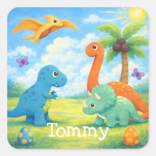 Pegatina Cuadrada Amigos Dinosaurios Coloridos Lindos para Niños