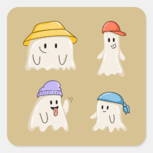 Pegatina Cuadrada Amigos fantasmas que llevan sombreros coloridos