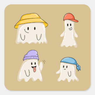 Pegatina Cuadrada Amigos fantasmas que llevan sombreros coloridos