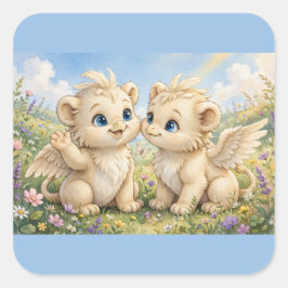 Pegatina Cuadrada Amigos Fluffy Griffin – Fantasía Acuarela Adorable