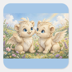 Pegatina Cuadrada Amigos Fluffy Griffin – Fantasía Acuarela Adorable