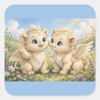 Pegatina Cuadrada Amigos Fluffy Griffin – Fantasía Acuarela Adorable